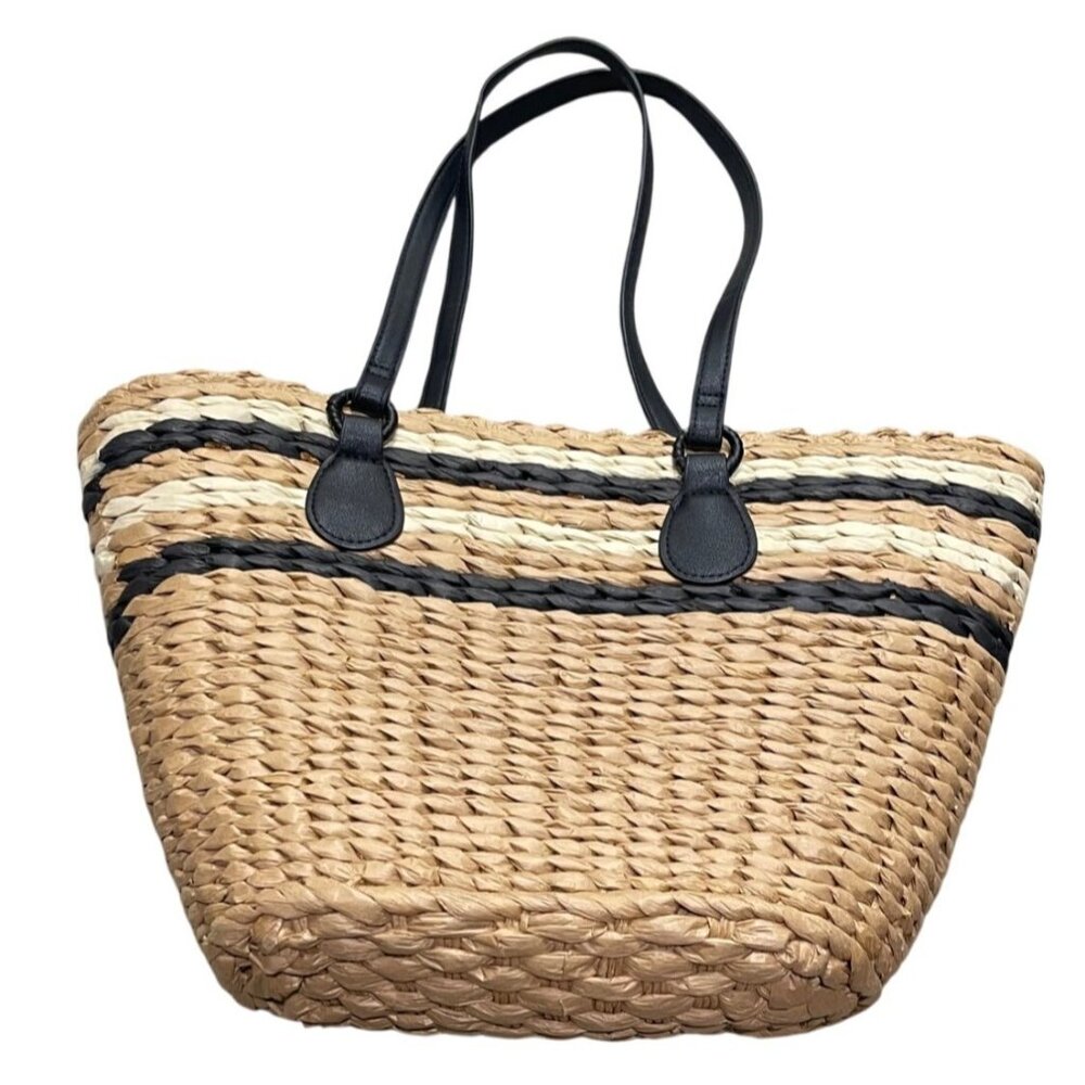 Style & Co $99 Large Straw Tote Black Faux Leather Handles - Picture 4 of 10